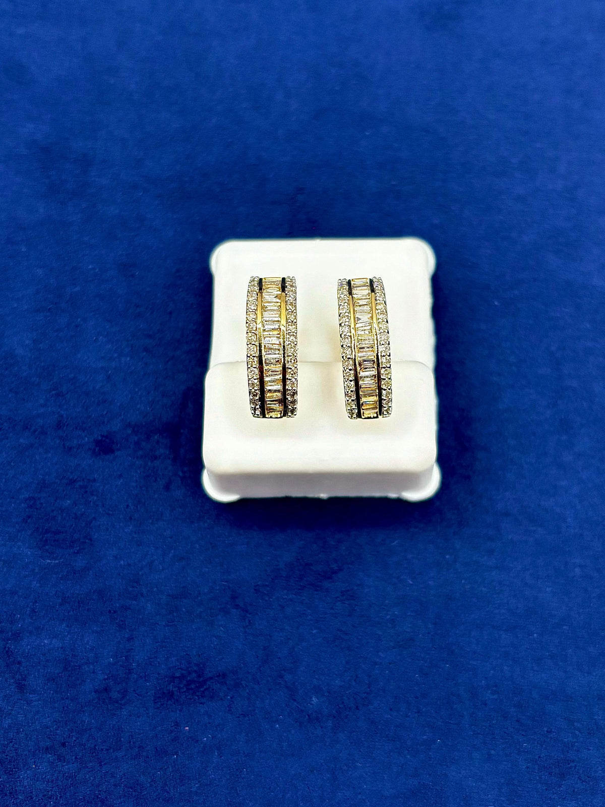 14K Gold Small Baguette Ladder in and Out Hoop Diamond Earrings in yellow gold - close-up product photo