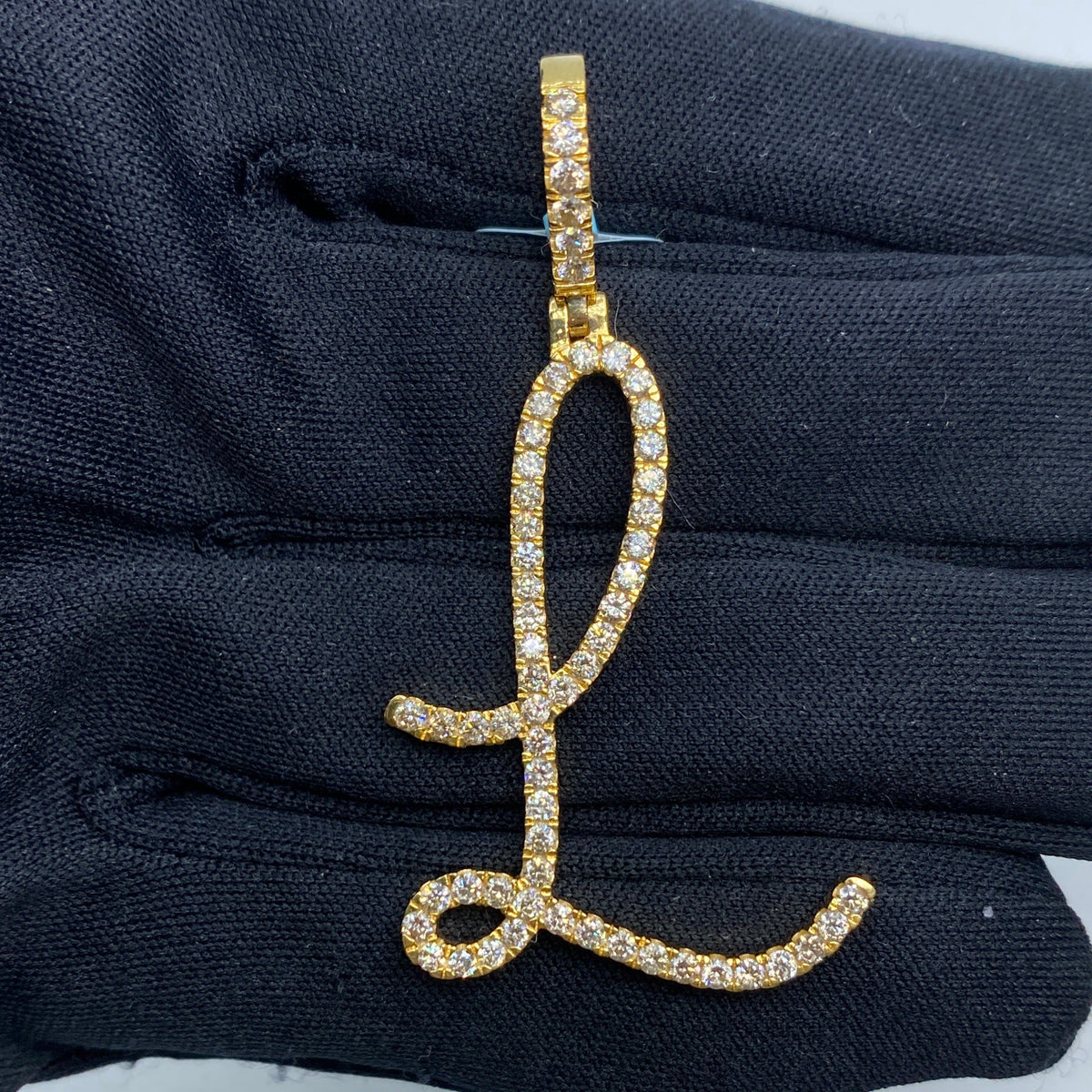 14K Gold Jumbo Script Initial Letter Diamond Pendants Full Collection in yellow gold - close-up product photo