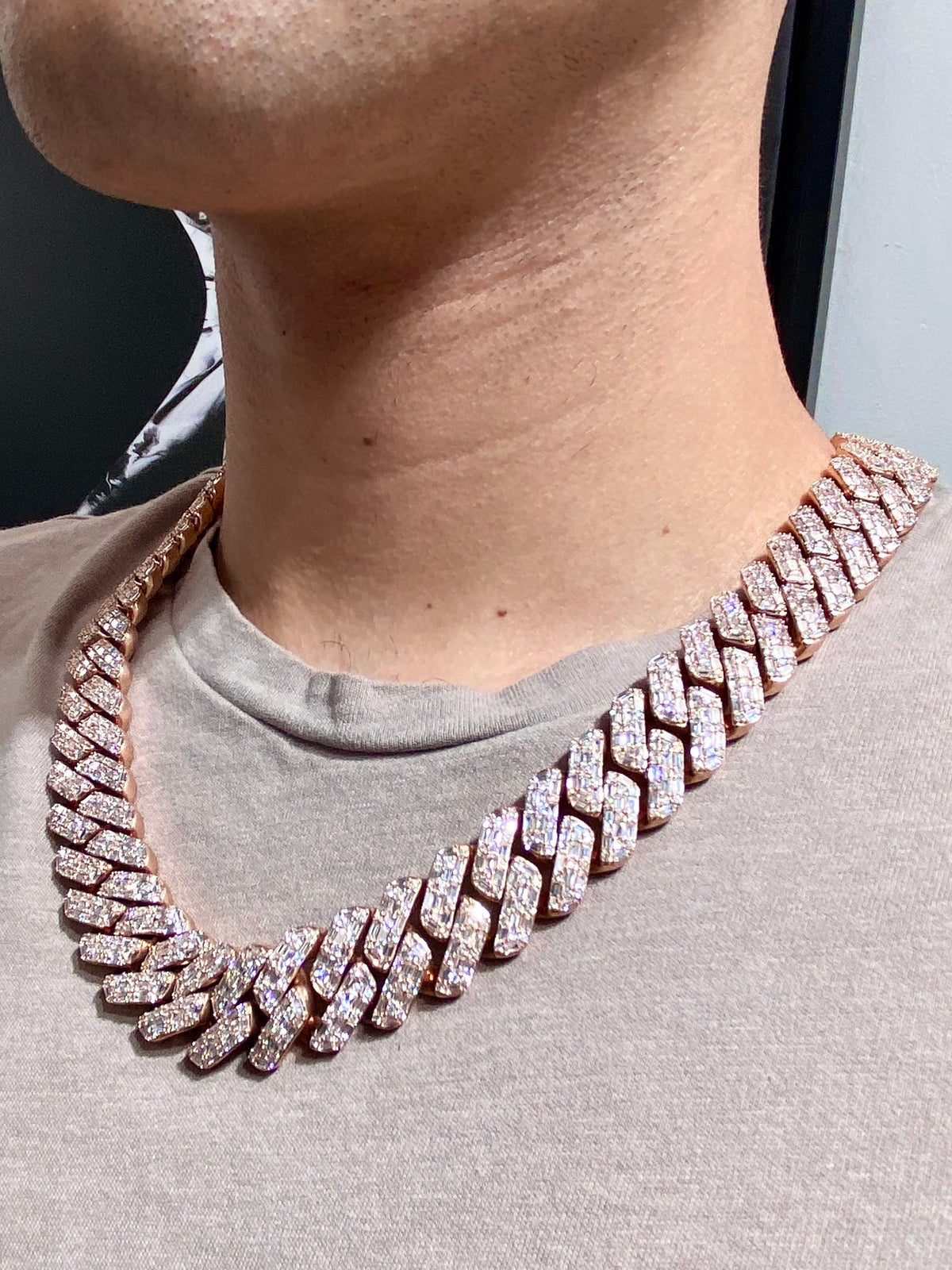 14K 18.5mm Rose Gold Baguette Cuban Diamond Chain 22 in - additional product view 7