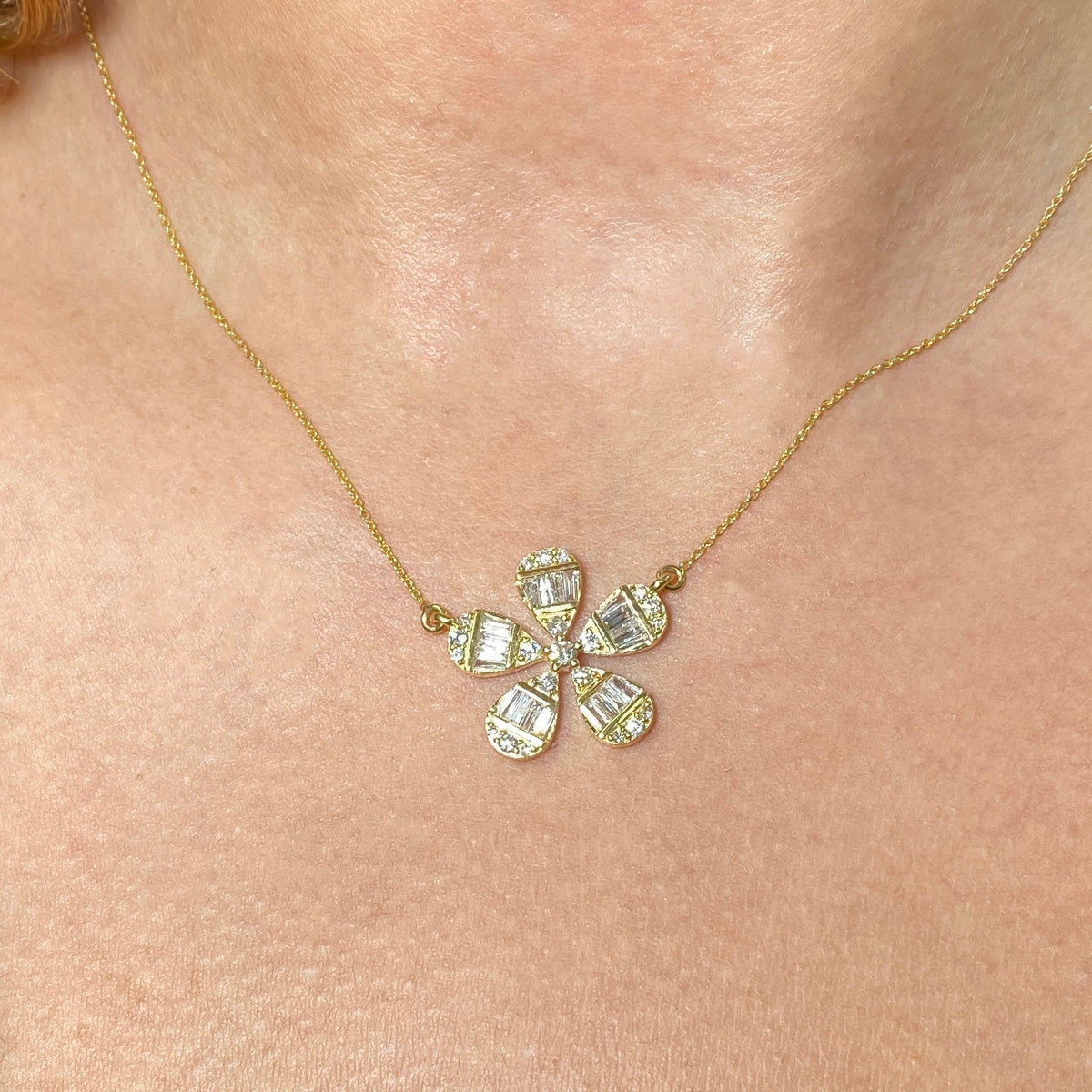14K Gold Large Daisy Flower Diamond Baguette Necklace - additional product view 2