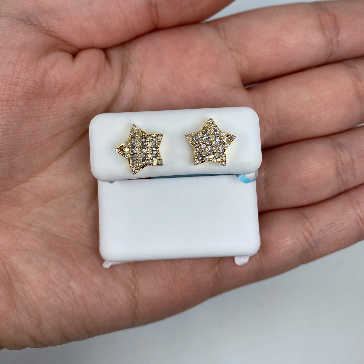 14K Gold Large Star Stacked Diamond Baguette Earrings in yellow gold - close-up product photo