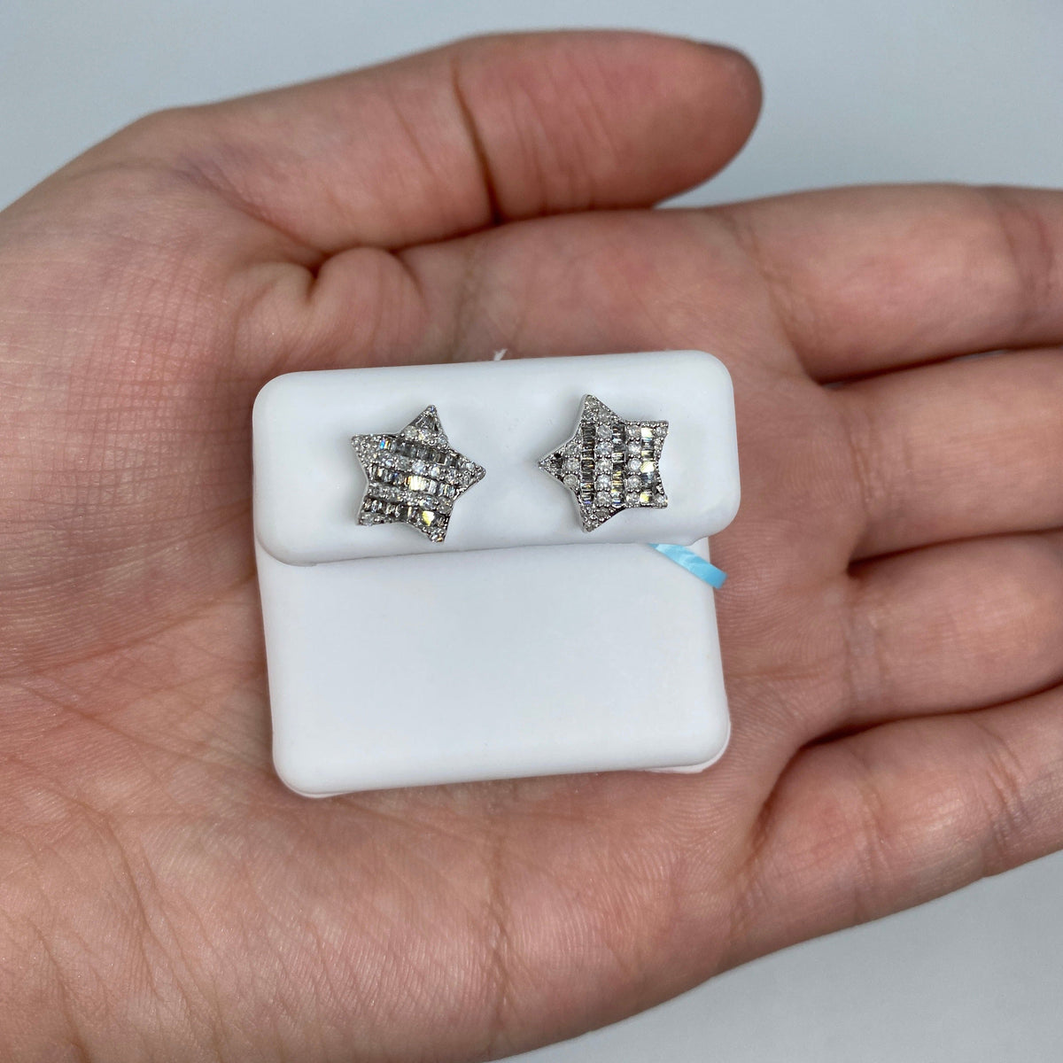 14K Gold Large Star Stacked Diamond Baguette Earrings in white gold - close-up product photo