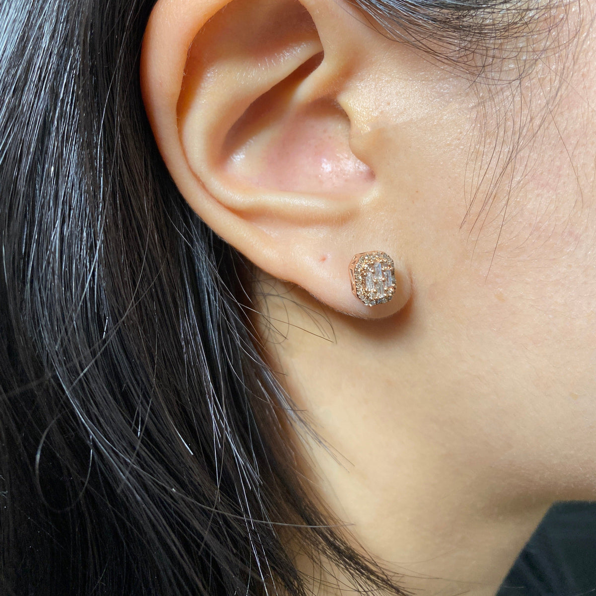 14K Gold Small Rectangle Rounded Halo Diamond Baguette Earrings - additional product view 6