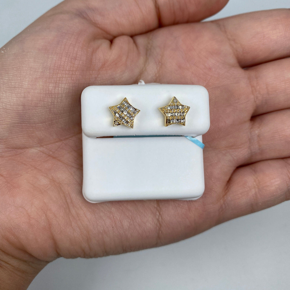 14K Gold Star Stacked Diamond Baguette Earrings in yellow gold - close-up product photo