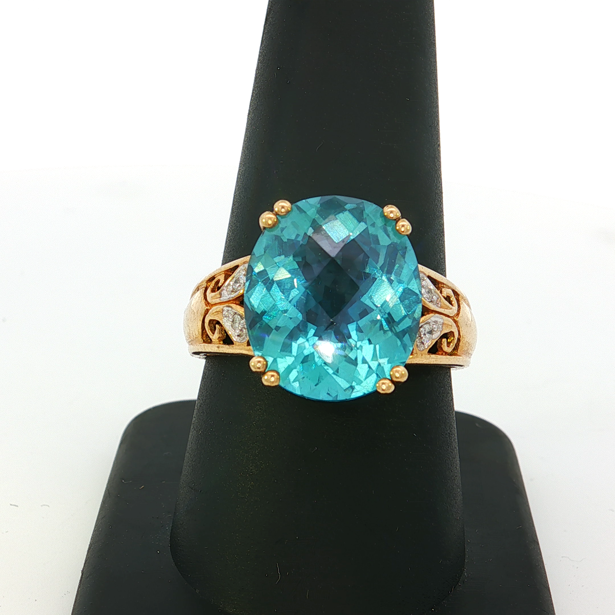10K Yellow Gold Cocktail Diamond Ring with Oval Aquamarine Cabochon - additional product view 6