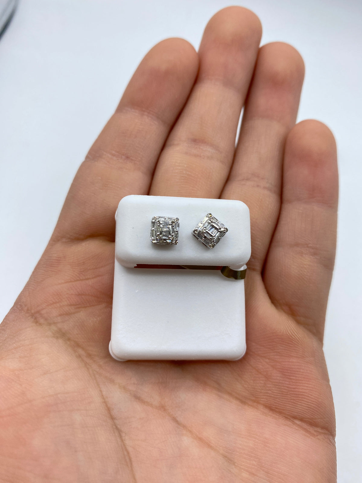 10K Gold Square Box Diamond Baguette Earrings in white gold - close-up product photo