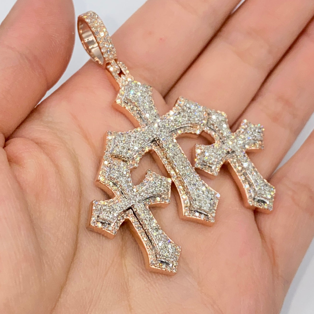10K Gold Trinity Triple Cross Diamond Pendant in rose gold, Large - close-up product photo
