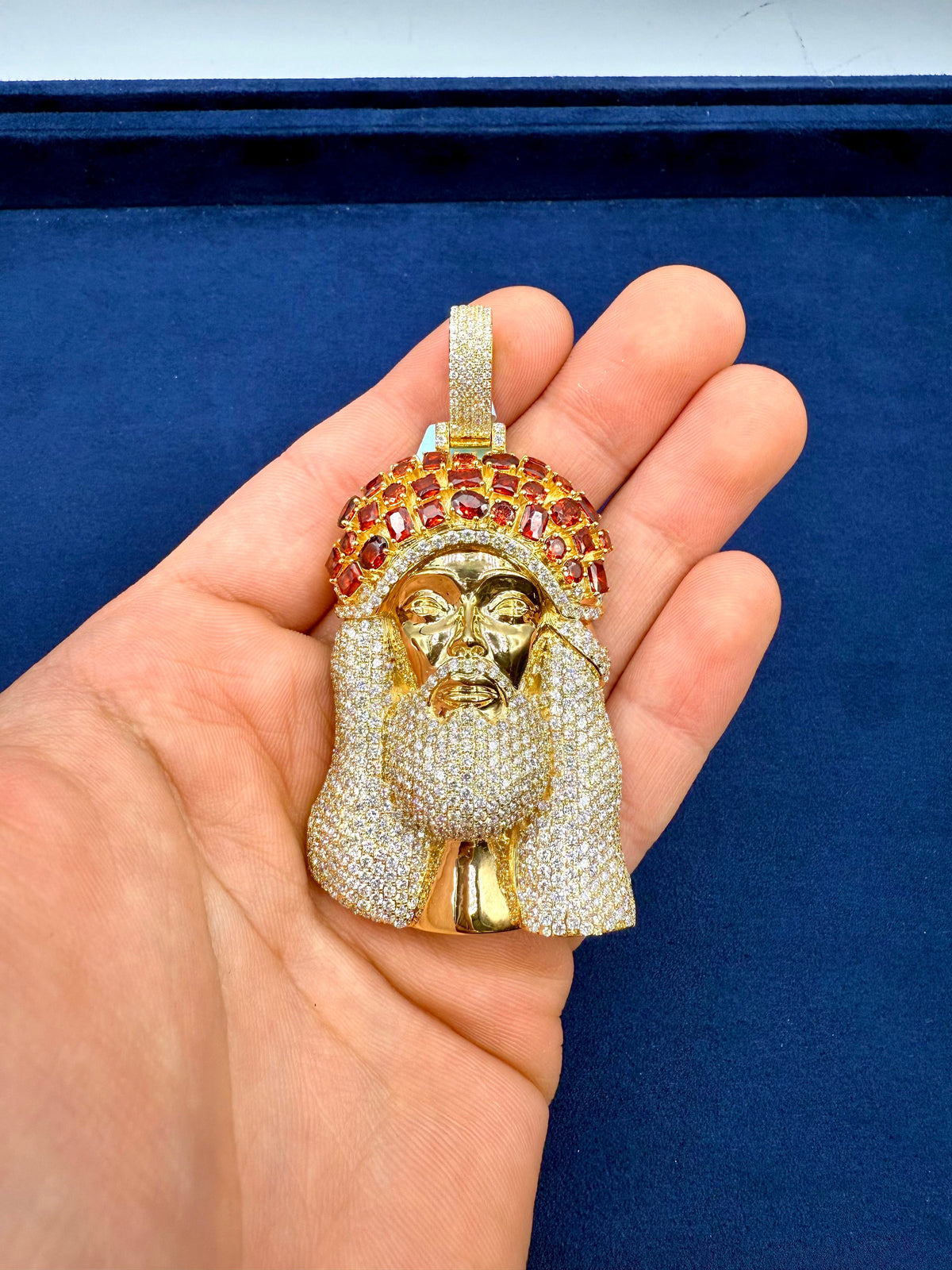 Jumbo Red Garnet Crown Jesus Head Diamond Pendant - additional product view 2