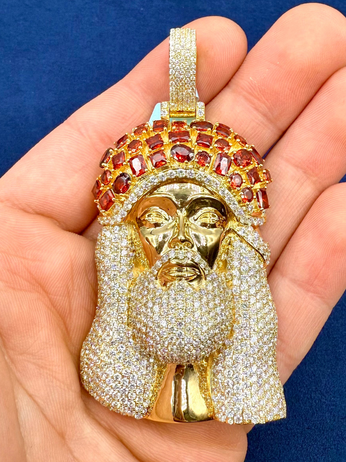 Jumbo Red Garnet Crown Jesus Head Diamond Pendant - additional product view 7