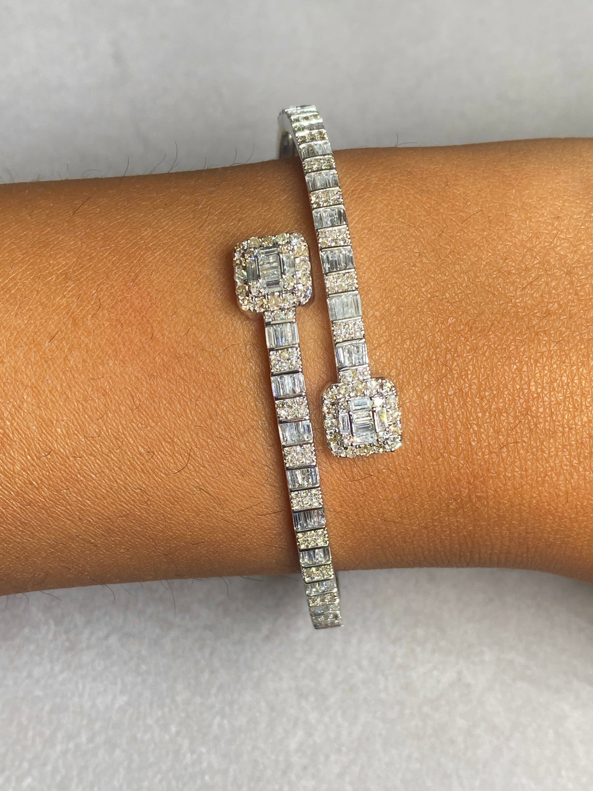 10K Gold Baguette Square Diamond Bangle in white gold - close-up product photo