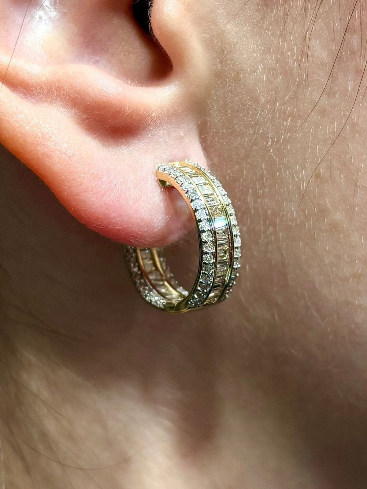 14K Gold Baguette Ladder in and Out Hoop Diamond Earrings - additional product view 4