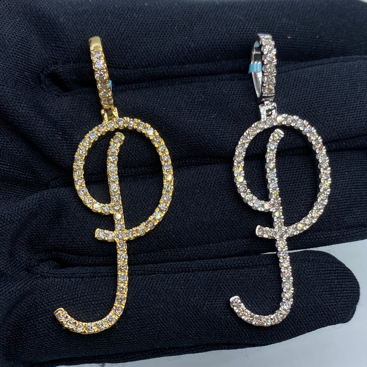 14K Gold Jumbo Script Initial Letter Diamond Pendants Full Collection in yellow gold - close-up product photo