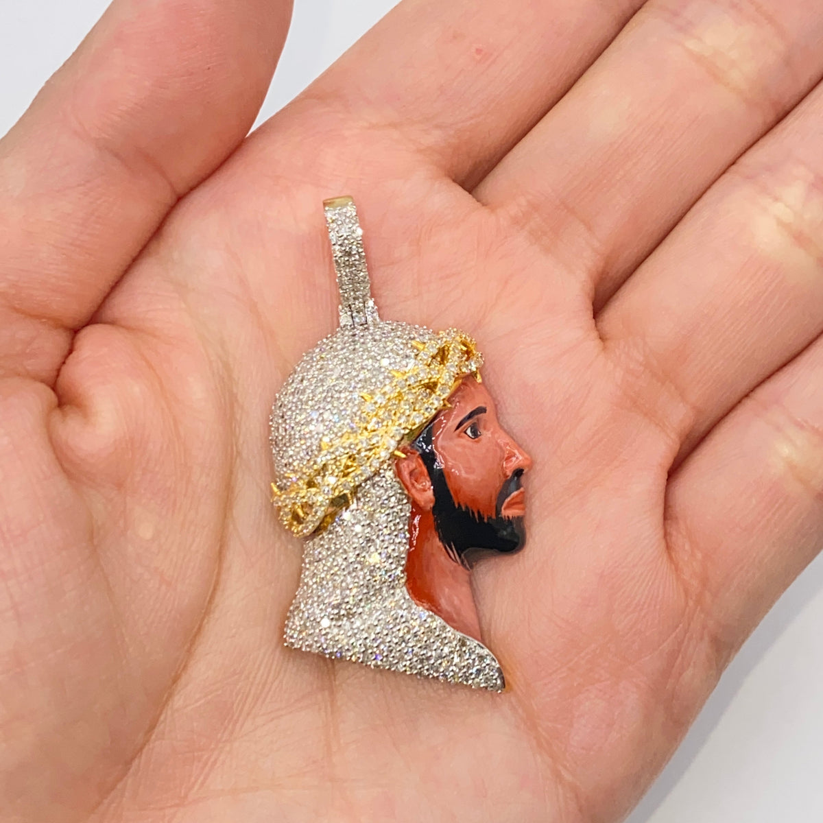 10K Gold Jesus Head Enamel Diamond Pendant, Medium - close-up product photo