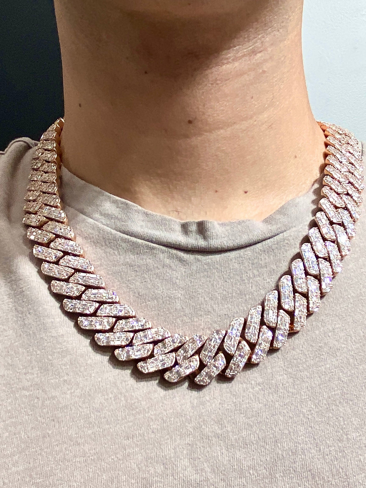 14K 18.5mm Rose Gold Baguette Cuban Diamond Chain 22 in - additional product view 6