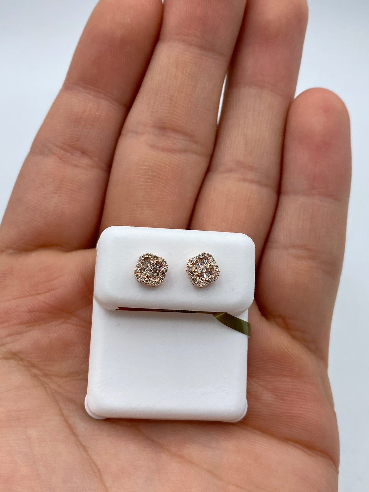 10K Gold Square Rounded Diamond Baguette Rows Earrings in rose gold - close-up product photo