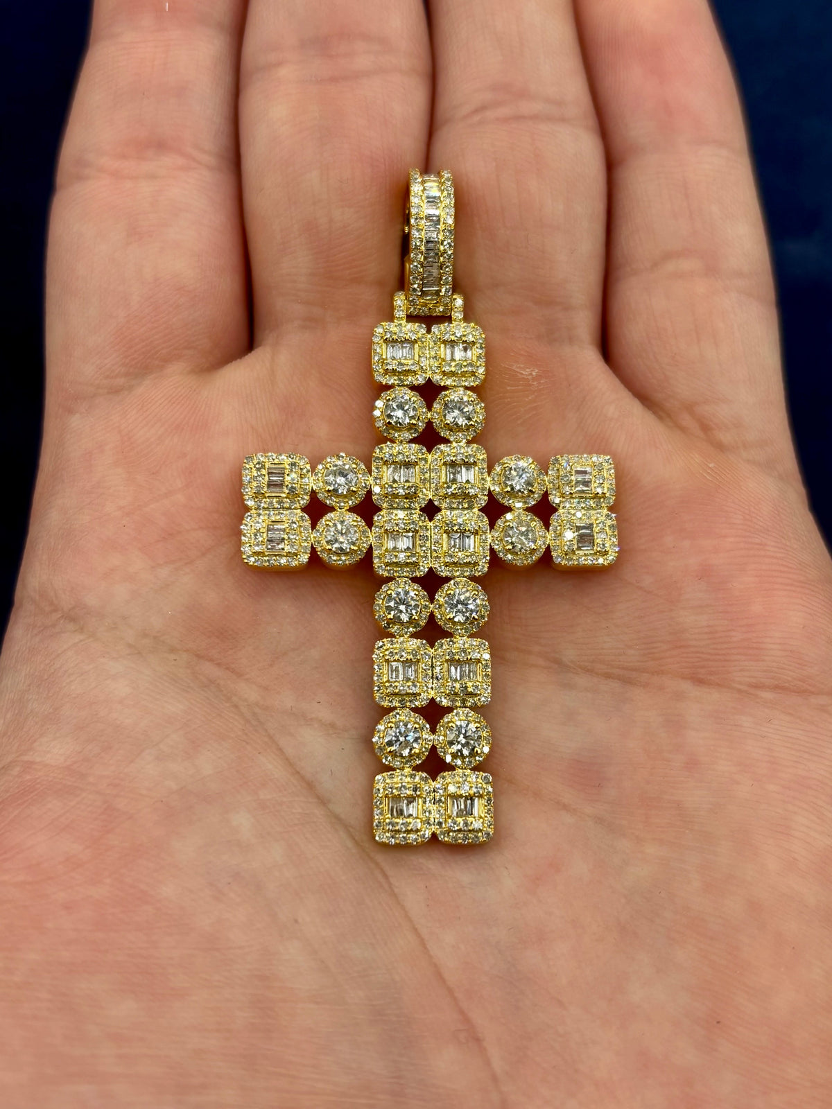 10K Gold Double Row Baguette Diamond Cross Pendant in gold - close-up product photo