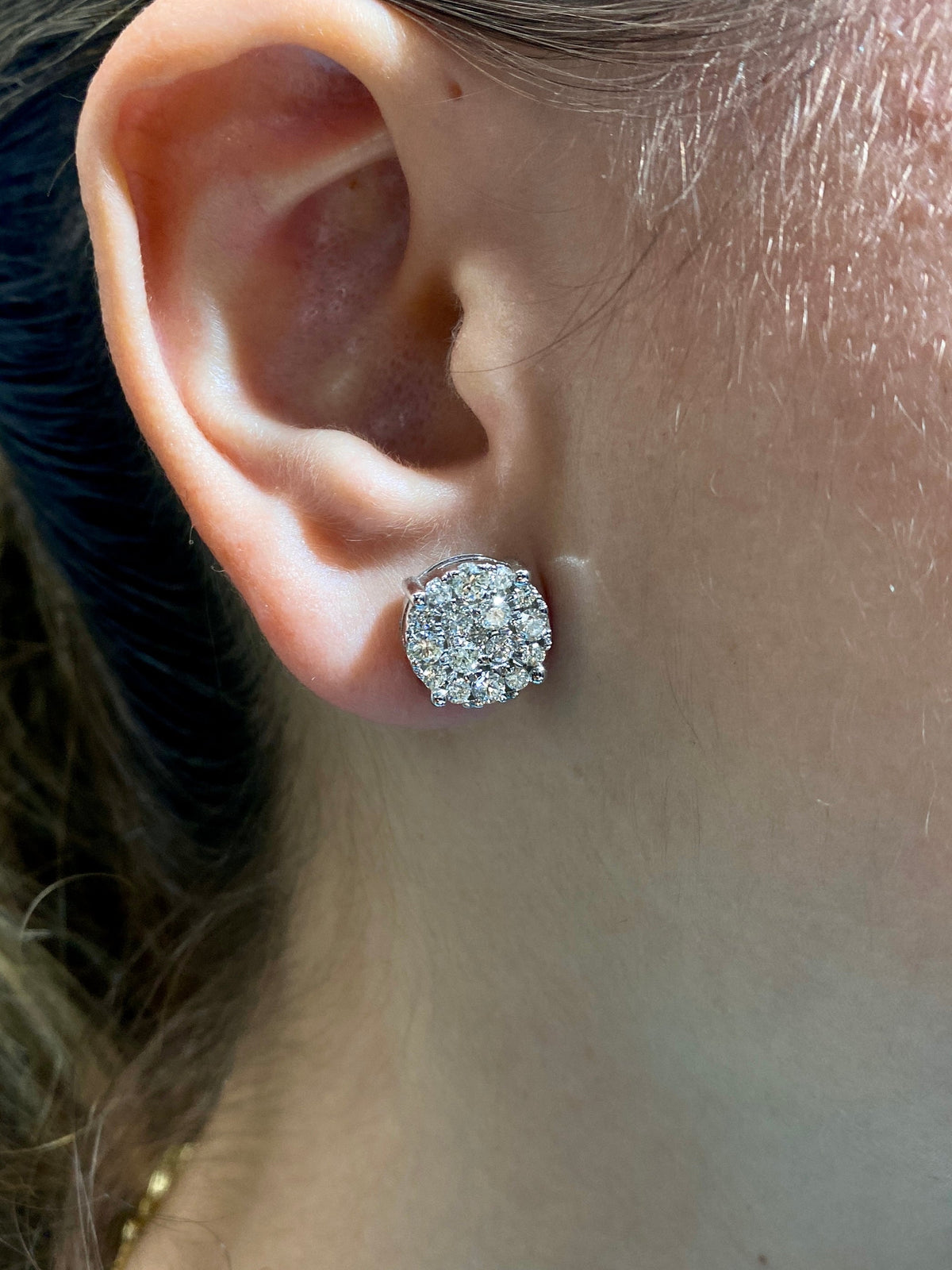 14K Gold Big Cluster Circle Diamond Earrings in white gold, Small - close-up product photo