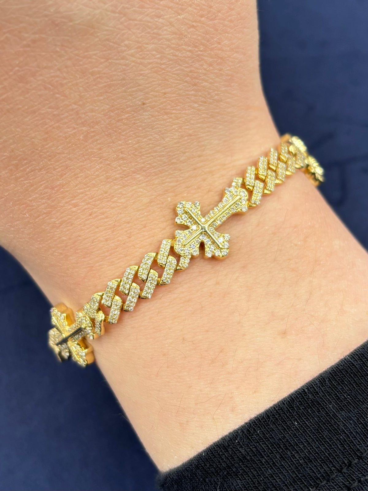 10K Gold Diamond Cuban Link with Crosses Bracelet in yellow gold - close-up product photo