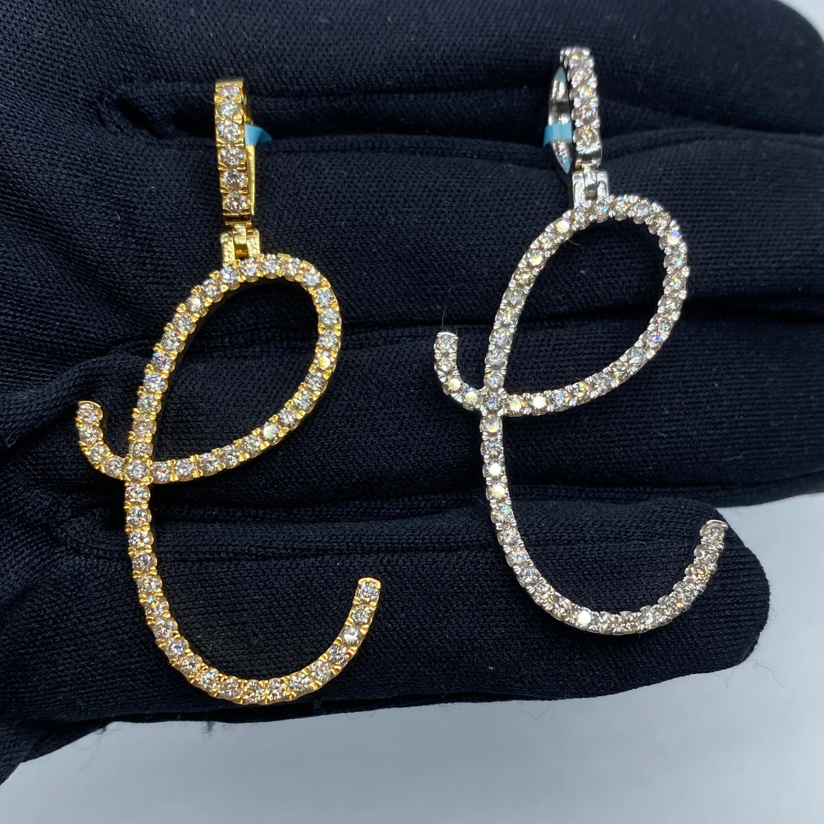 14K Gold Jumbo Script Initial Letter Diamond Pendants Full Collection in yellow gold - close-up product photo