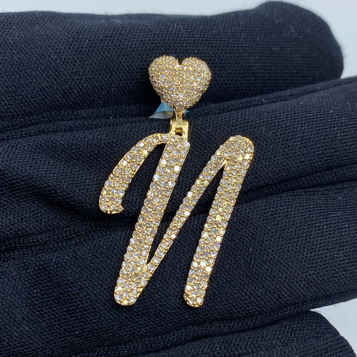 14K Gold Script Initial Letter Heart Diamond Pendants Full Collection in yellow gold - close-up product photo