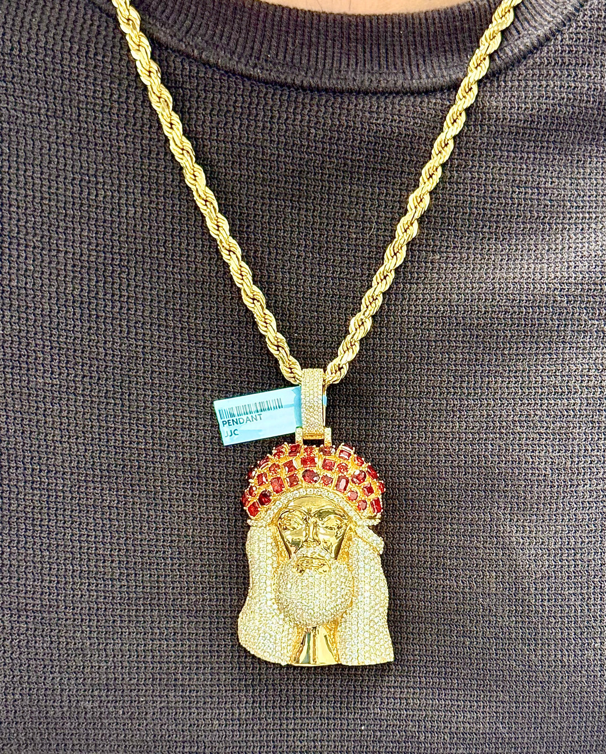 Jumbo Red Garnet Crown Jesus Head Diamond Pendant - additional product view 6