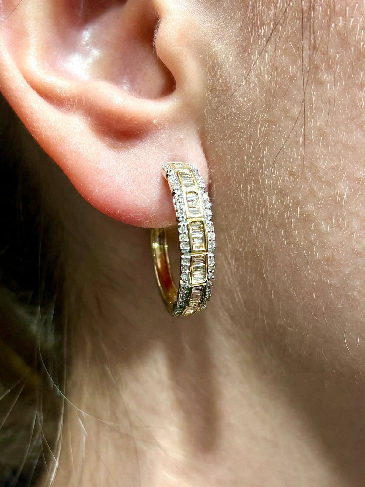 14K Gold Baguette Square Style Hoop Diamond Earrings - additional product view 3