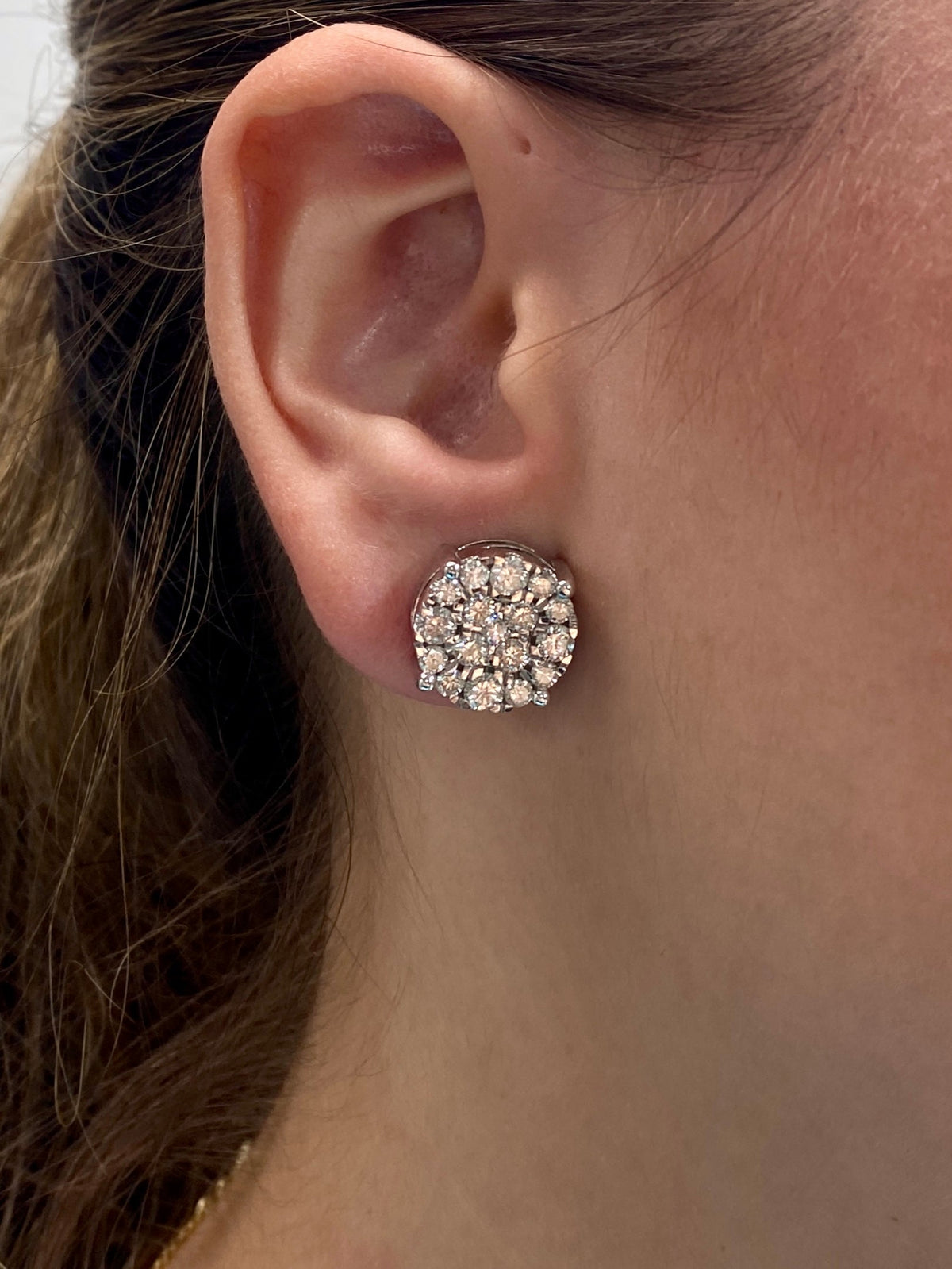 14K Gold Big Cluster Circle Diamond Earrings in white gold, Medium - close-up product photo