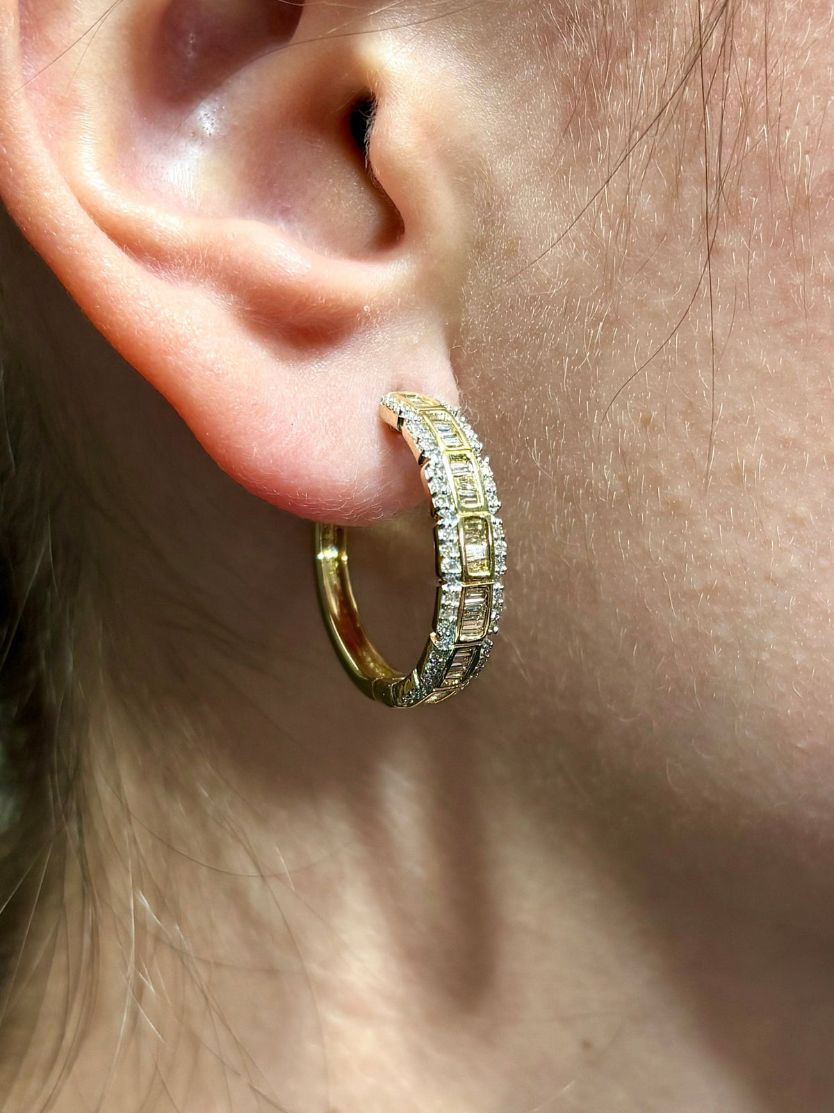 14K Gold Baguette Square Style Hoop Diamond Earrings - additional product view 2