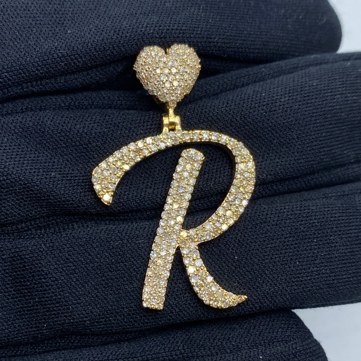 14K Gold Script Initial Letter Heart Diamond Pendants Full Collection in yellow gold - close-up product photo