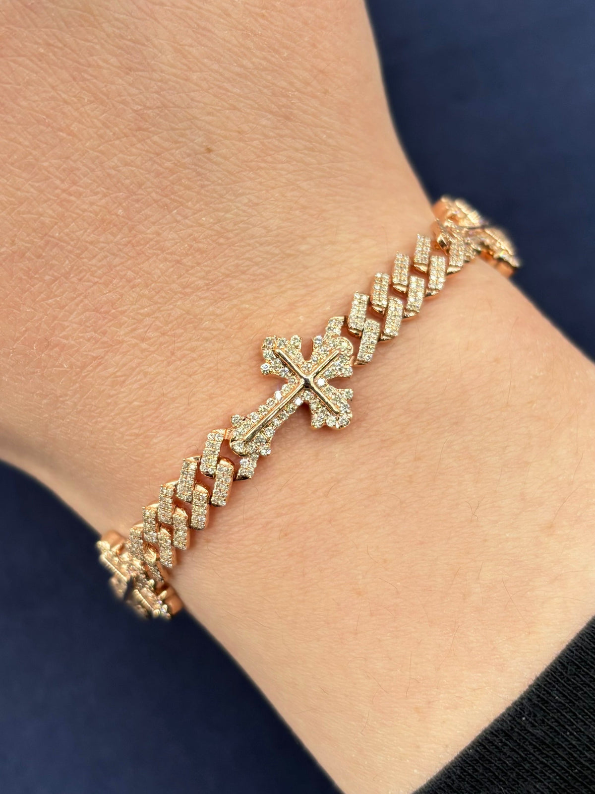 10K Gold Diamond Cuban Link with Crosses Bracelet in rose gold - close-up product photo