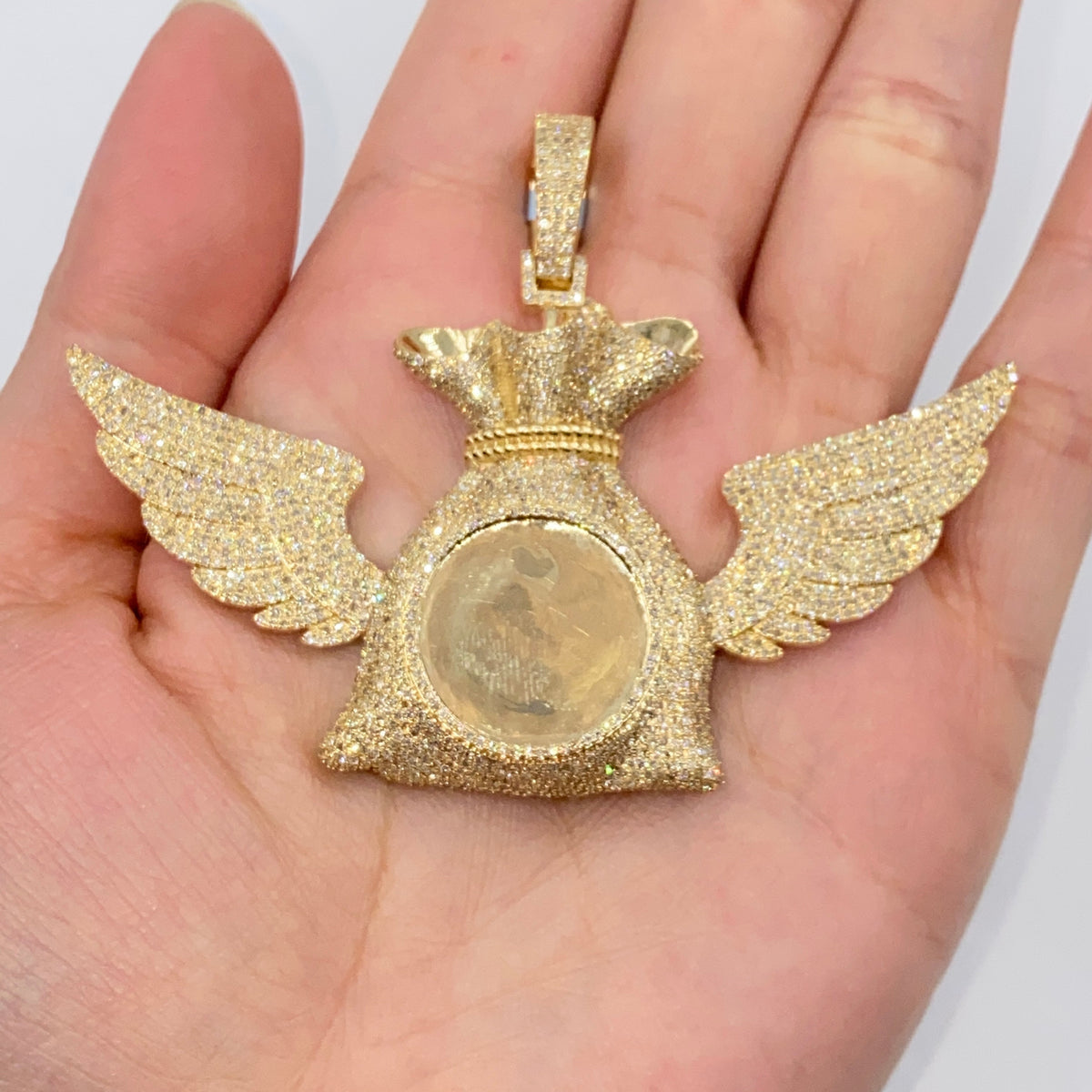 10K Gold/14K Moneybag Angel Wings Photo Picture Diamond Pendant - additional product view 2