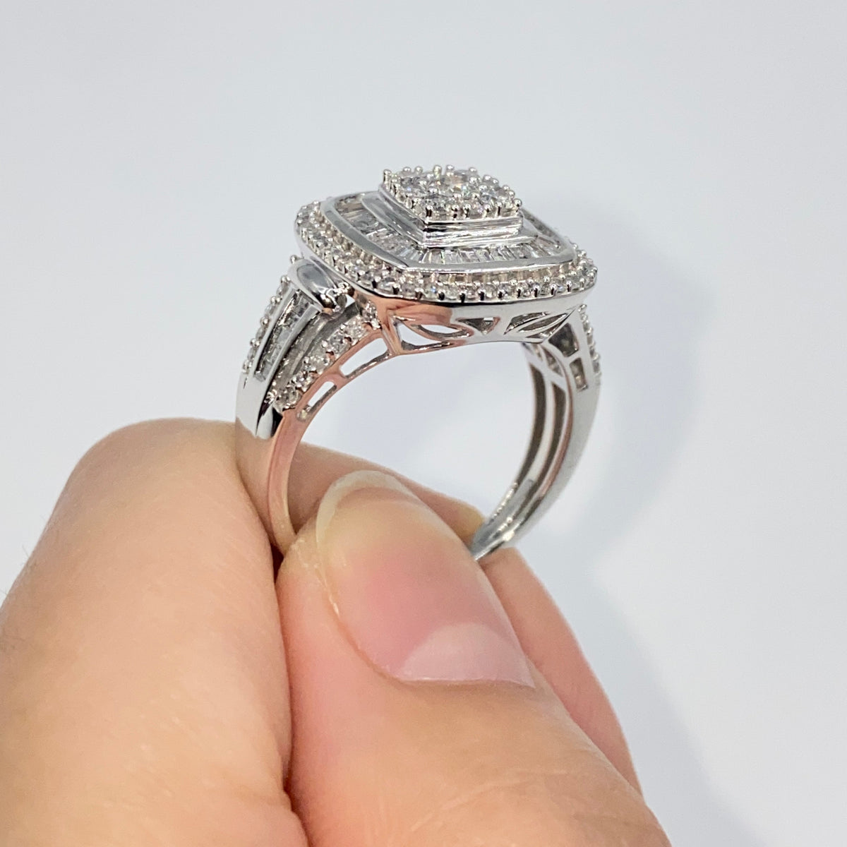 10K Gold Large Stone Center Square Halo Diamond Baguette Engagement Ring - additional product view 4