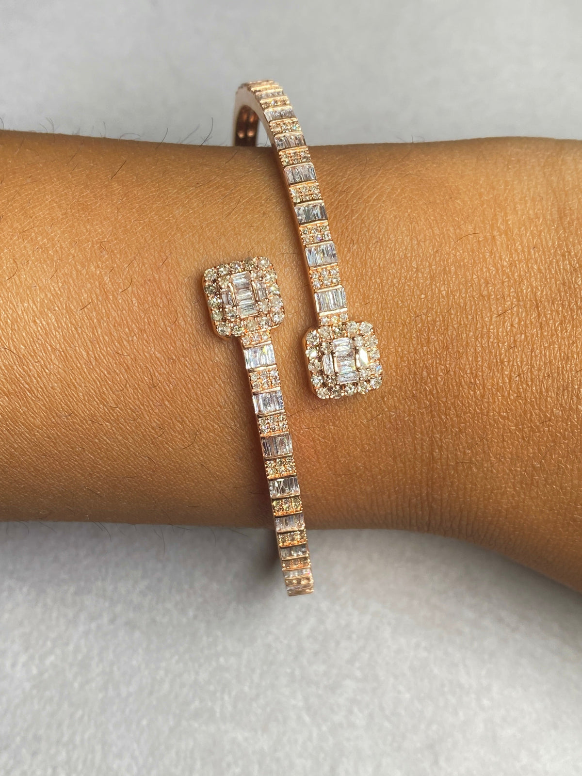 10K Gold Baguette Square Diamond Bangle in rose gold - close-up product photo