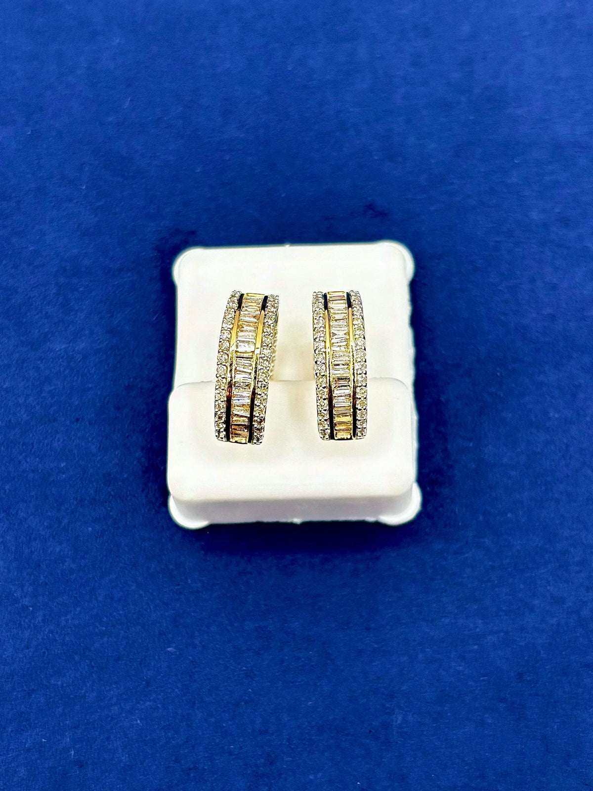 14K Gold Baguette Ladder in and Out Hoop Diamond Earrings in yellow gold - close-up product photo