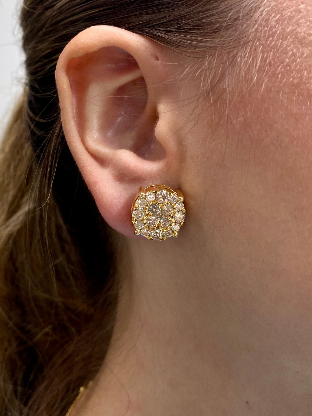 14K Gold Big Cluster Circle Diamond Earrings in yellow gold, Medium - close-up product photo