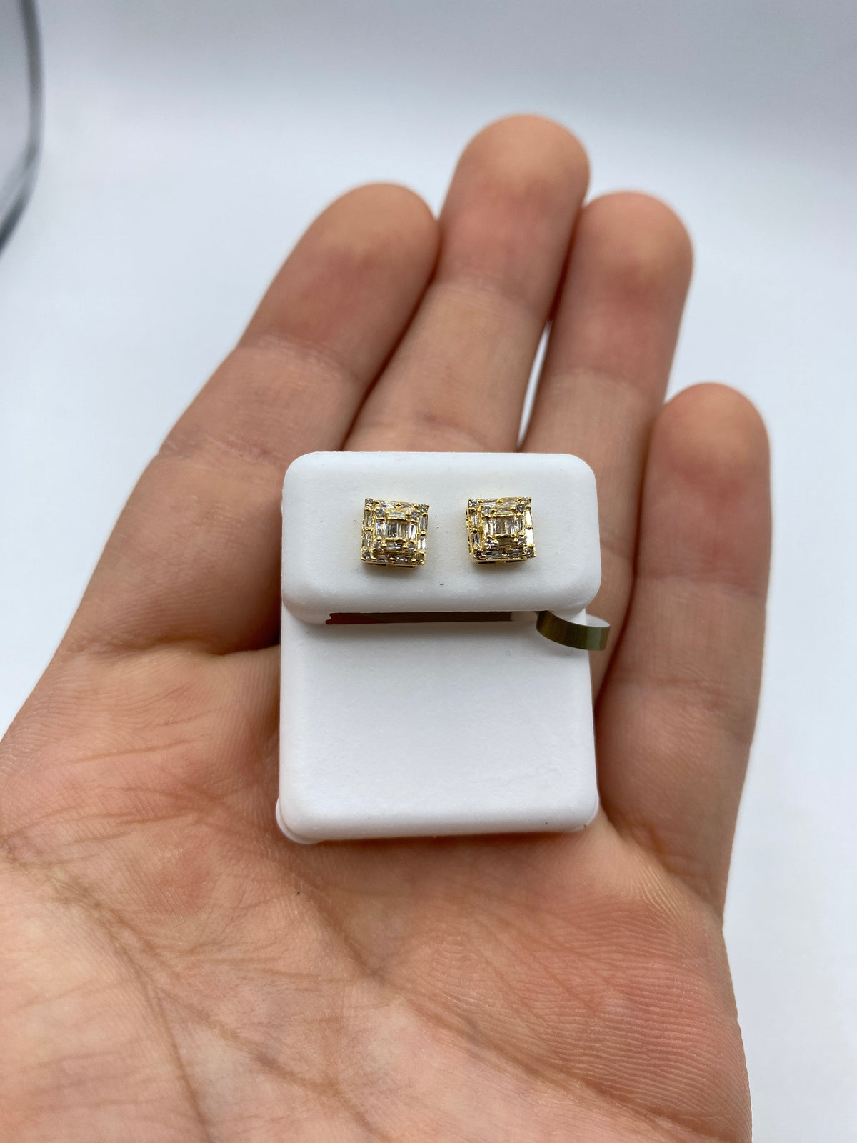 10K Gold Square Box Diamond Baguette Earrings in yellow gold - close-up product photo