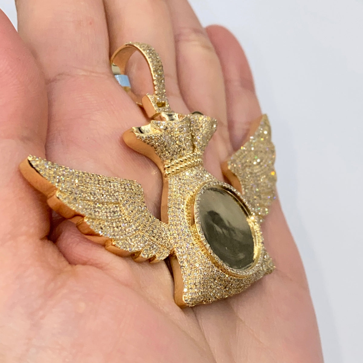 10K Gold/14K Moneybag Angel Wings Photo Picture Diamond Pendant - additional product view 3