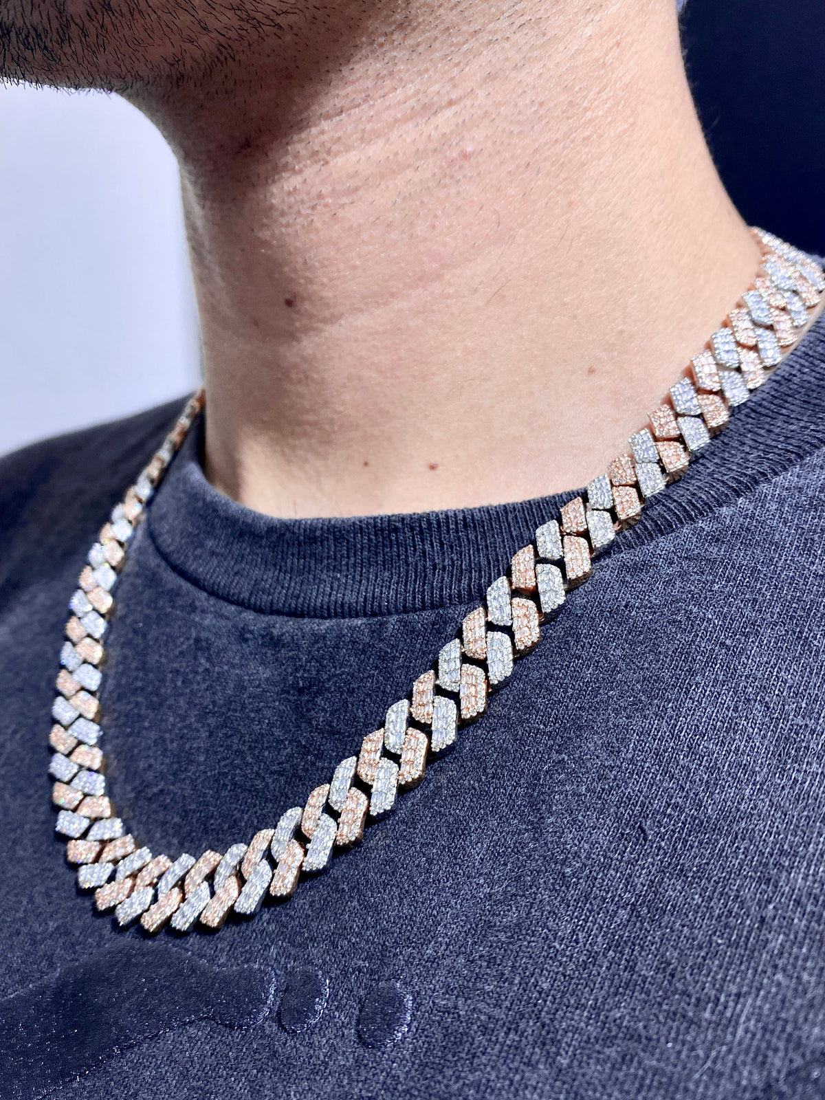 14K Gold 12.4mm Two-Tone Baguette Diamond Cuban Chain 20 in - additional product view 7