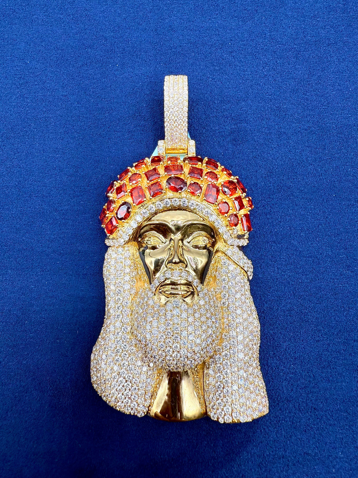 Jumbo Red Garnet Crown Jesus Head Diamond Pendant - additional product view 5