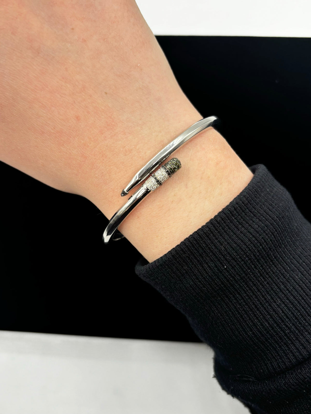 10K Gold Custom Pencil Bangle Bracelet in white gold - close-up product photo