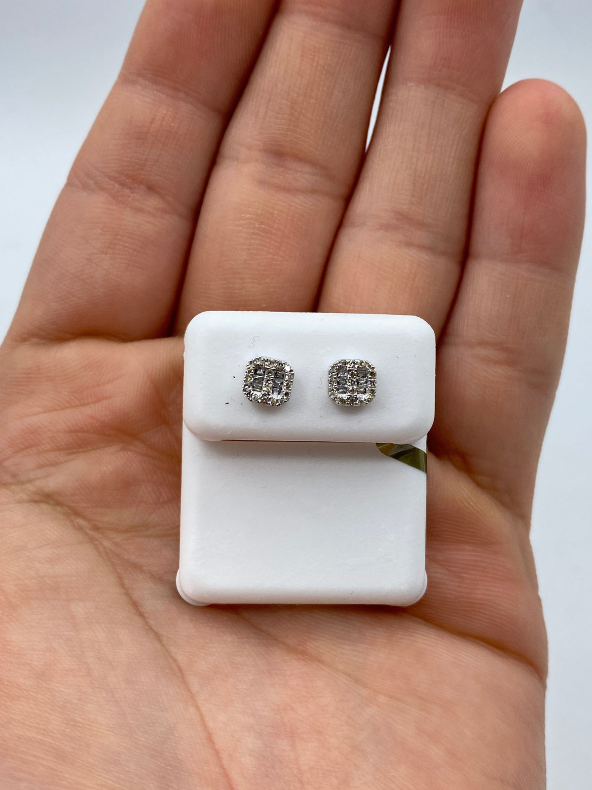 10K Gold Square Rounded Diamond Baguette Rows Earrings in white gold - close-up product photo