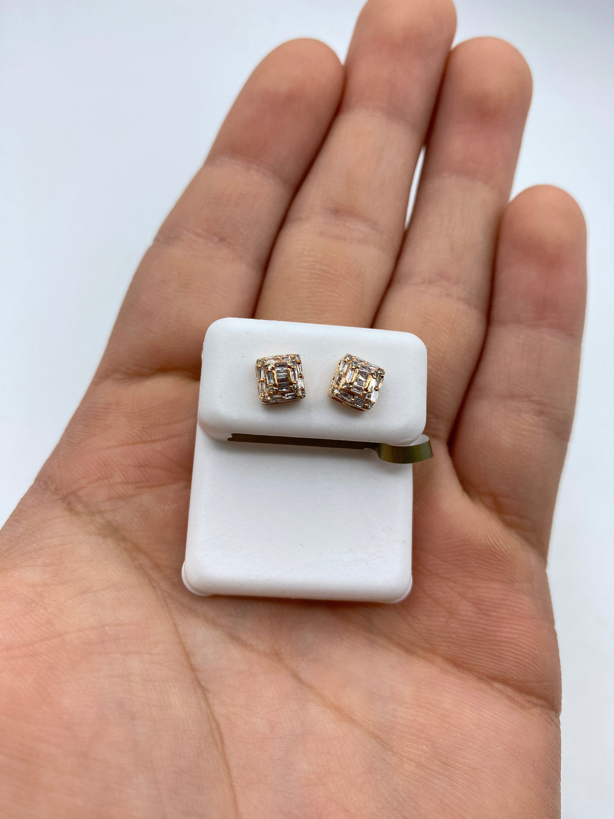 10K Gold Square Box Diamond Baguette Earrings in rose gold - close-up product photo