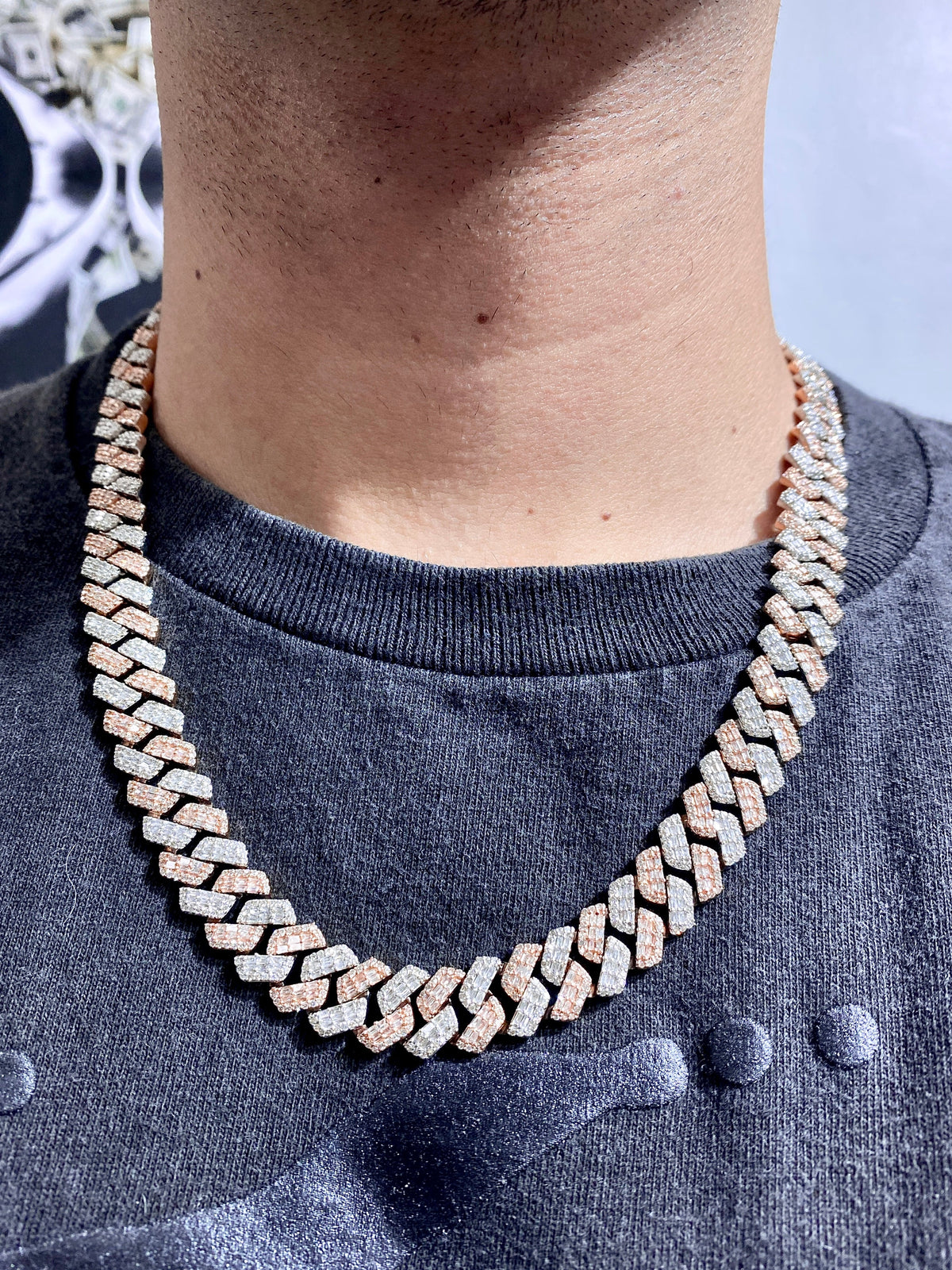 14K Gold 12.4mm Two-Tone Baguette Diamond Cuban Chain 20 in - additional product view 6