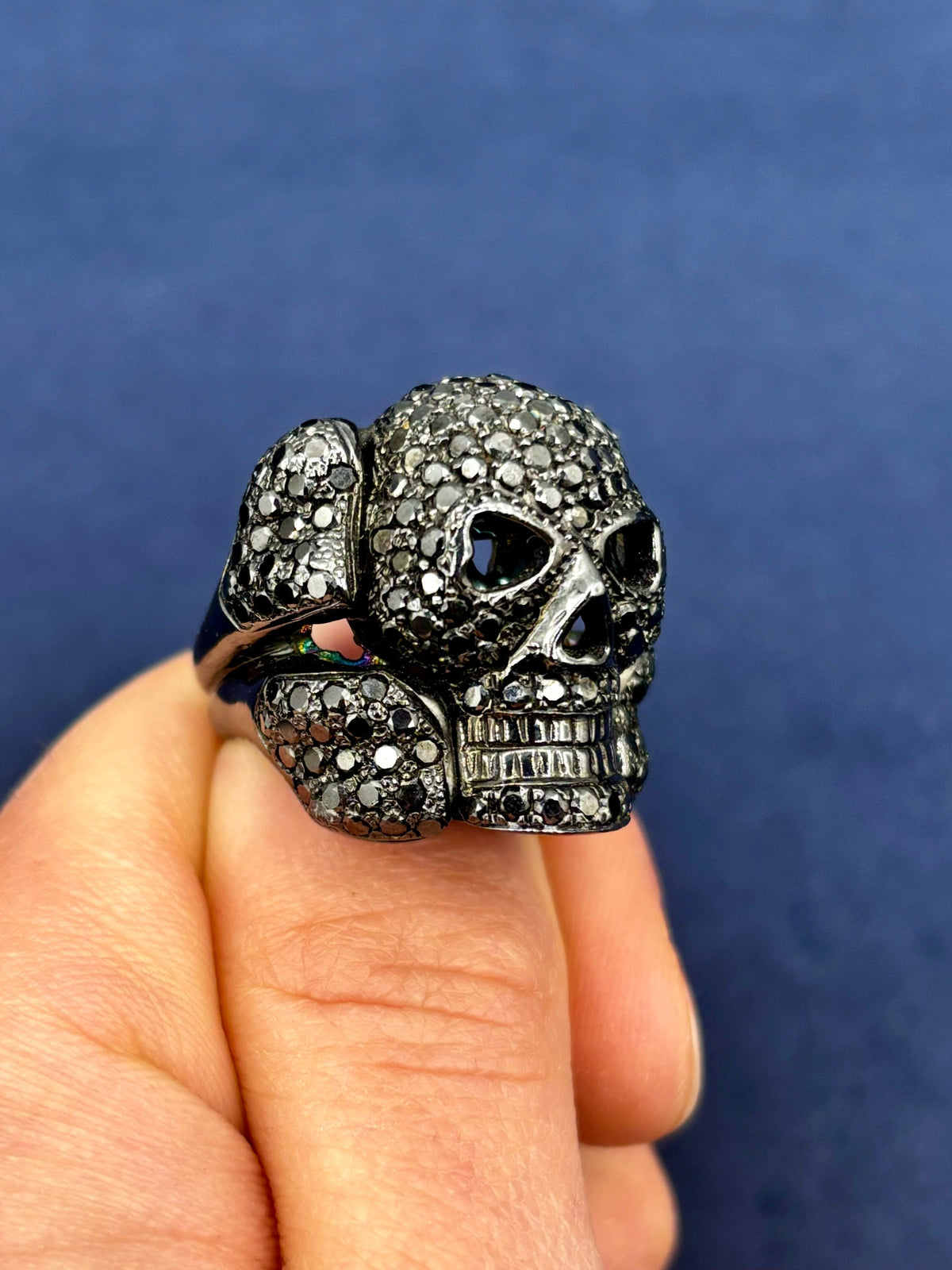 14K Gold Black Diamond Skull and Bones Ring - additional product view 3