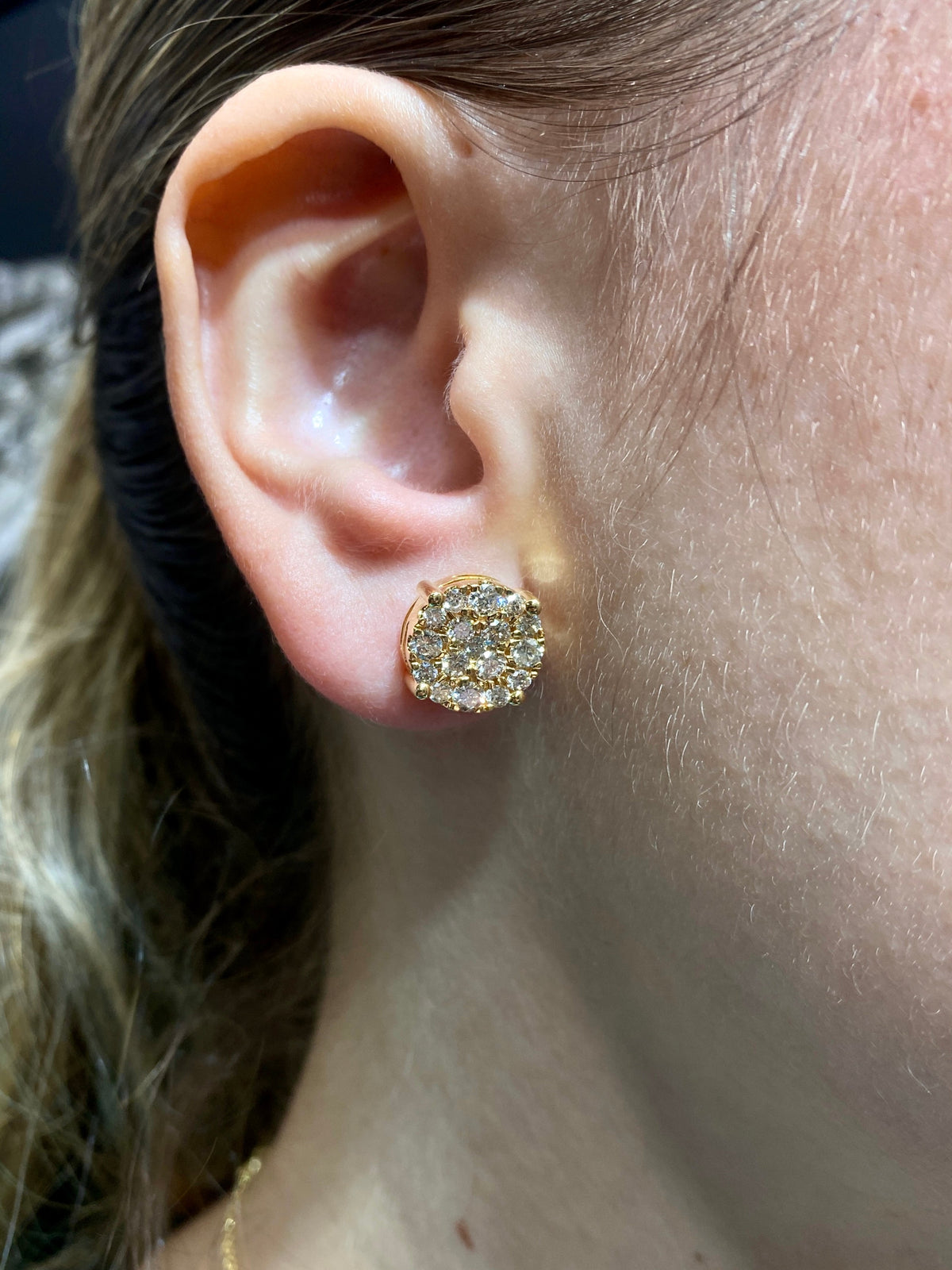 14K Gold Big Cluster Circle Diamond Earrings in yellow gold, Small - close-up product photo