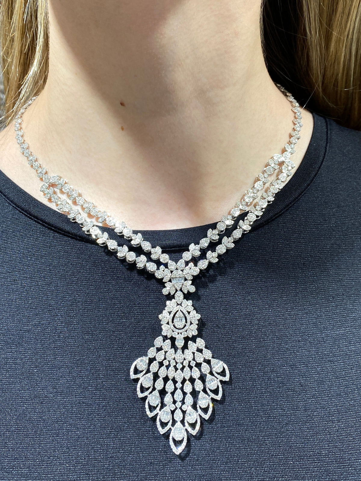 14K Gold BRIDAL BAGUETTE PEAFOWL TENNIS Diamond NECKLACE - additional product view 3