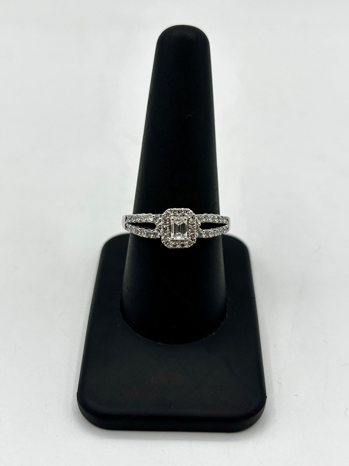 14K Gold Lovely Emerald Cut Lab Diamond Center Engagement Ring in white gold - close-up product photo