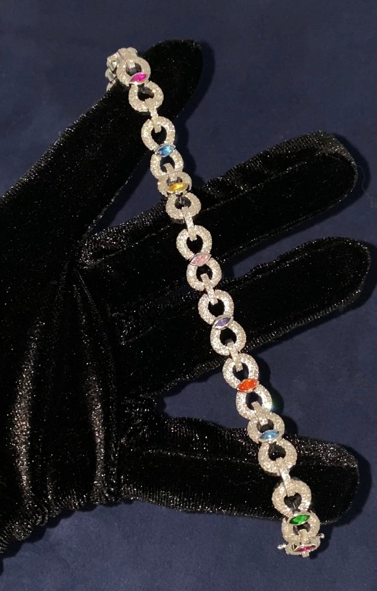 10K Gold Infinity Colored Stones Diamond Bracelet in white gold - close-up product photo
