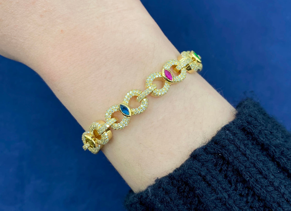 10K Gold Infinity Colored Stones Diamond Bracelet in yellow gold - close-up product photo