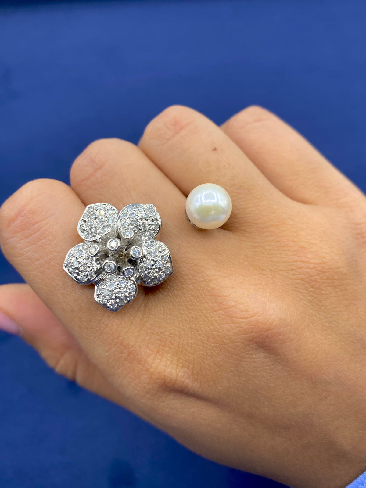 18K Gold Flower Pearl Diamond Cuff Ring - additional product view 2